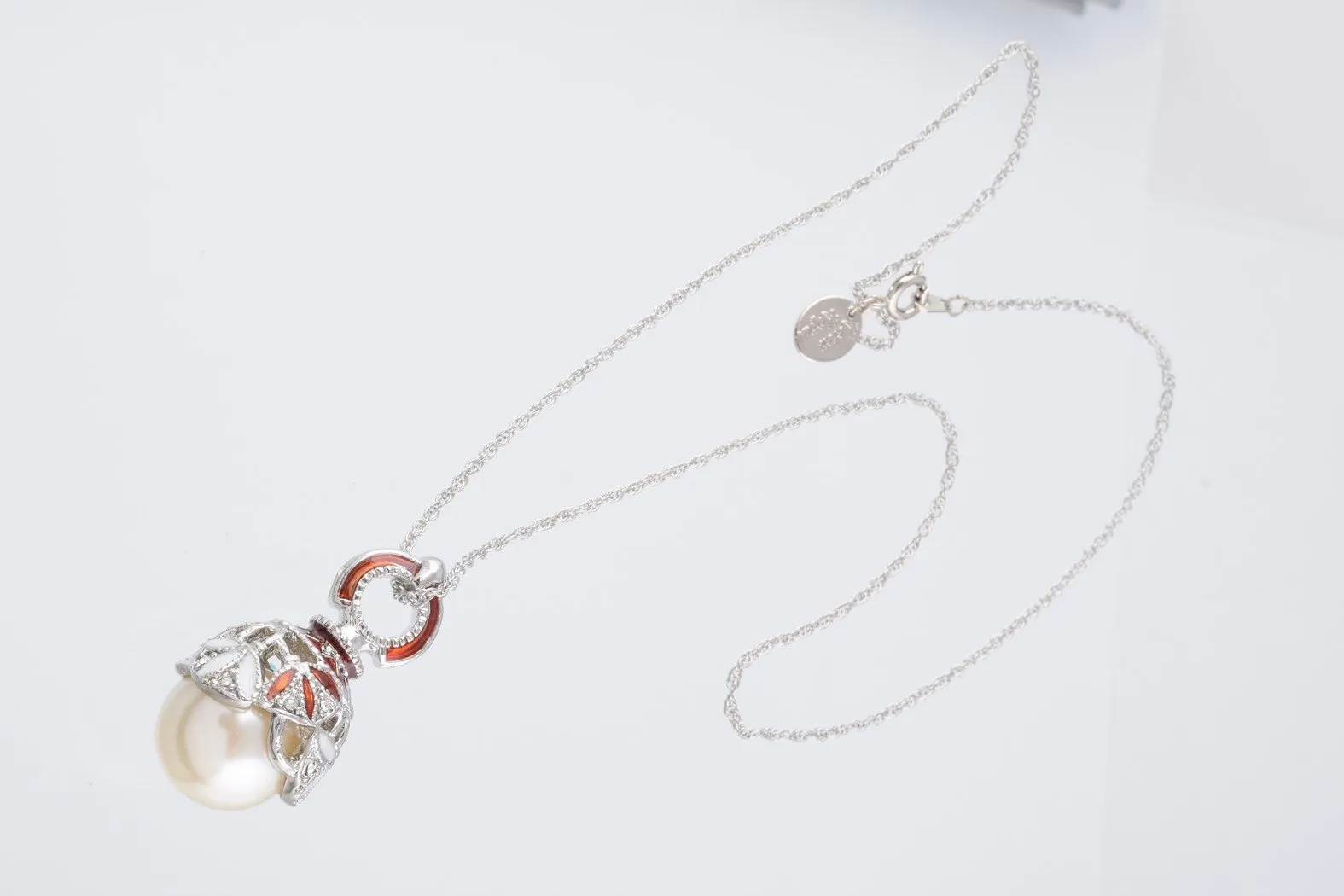 Silver & Red Pearl Egg Pendant Necklace