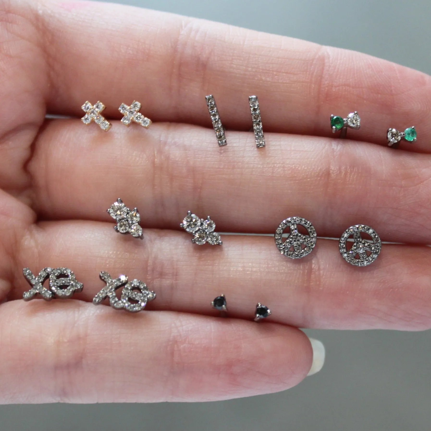Silver Dainty Single Row Diamond Bar Studs
