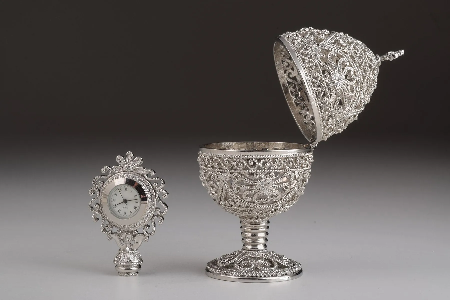 Silver Faberge Egg with Clock Inside