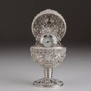 Silver Faberge Egg with Clock Inside