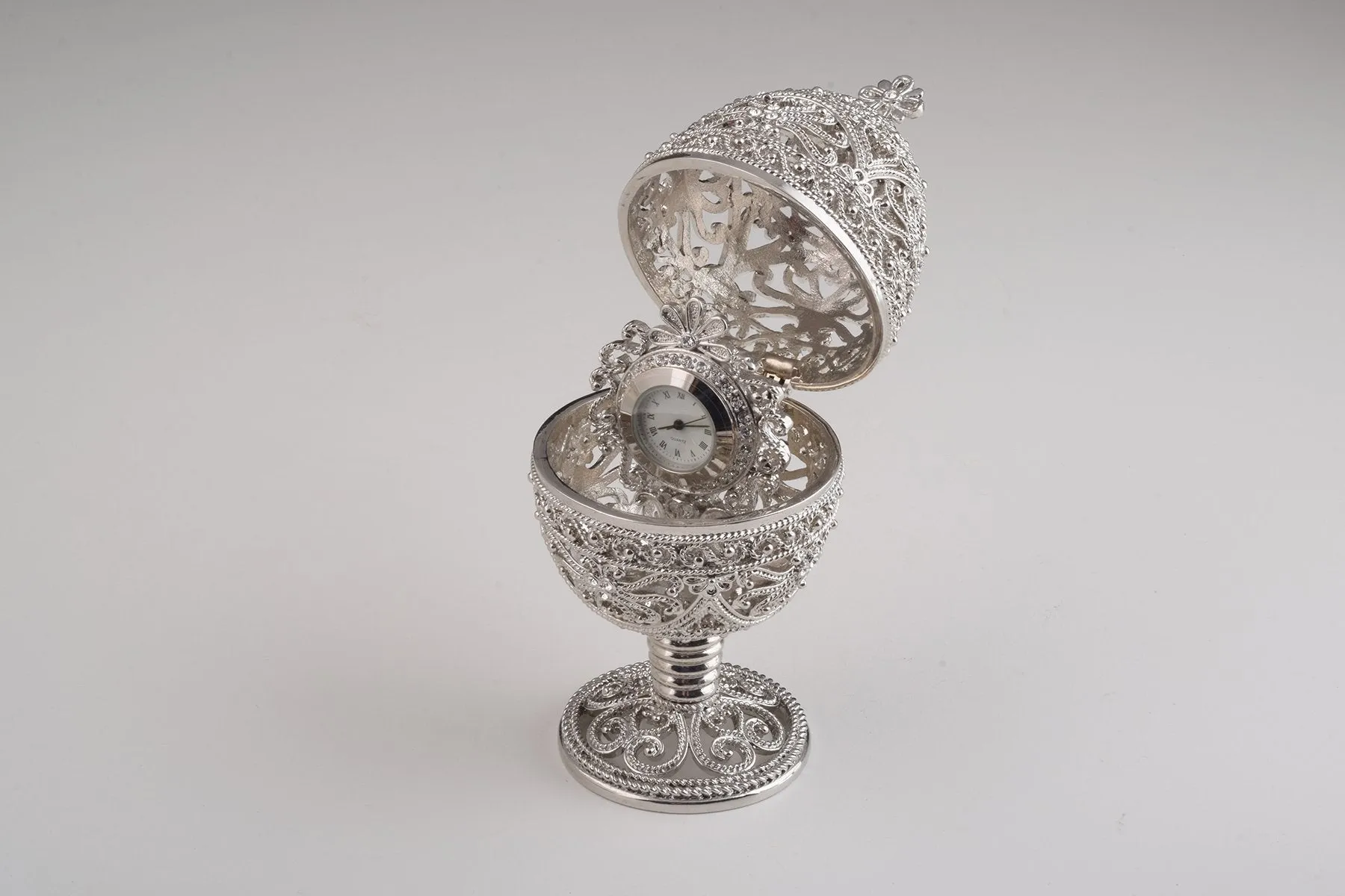 Silver Faberge Egg with Clock Inside
