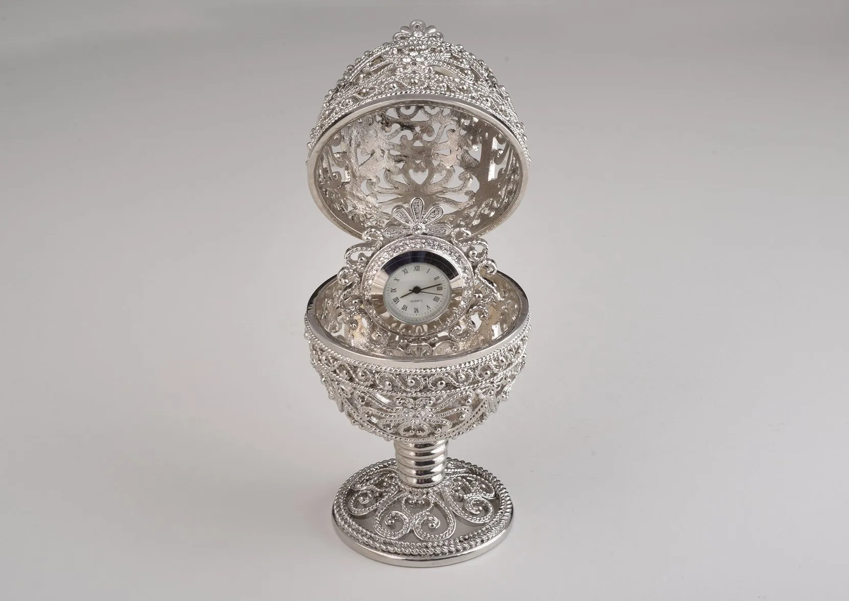 Silver Faberge Egg with Clock Inside