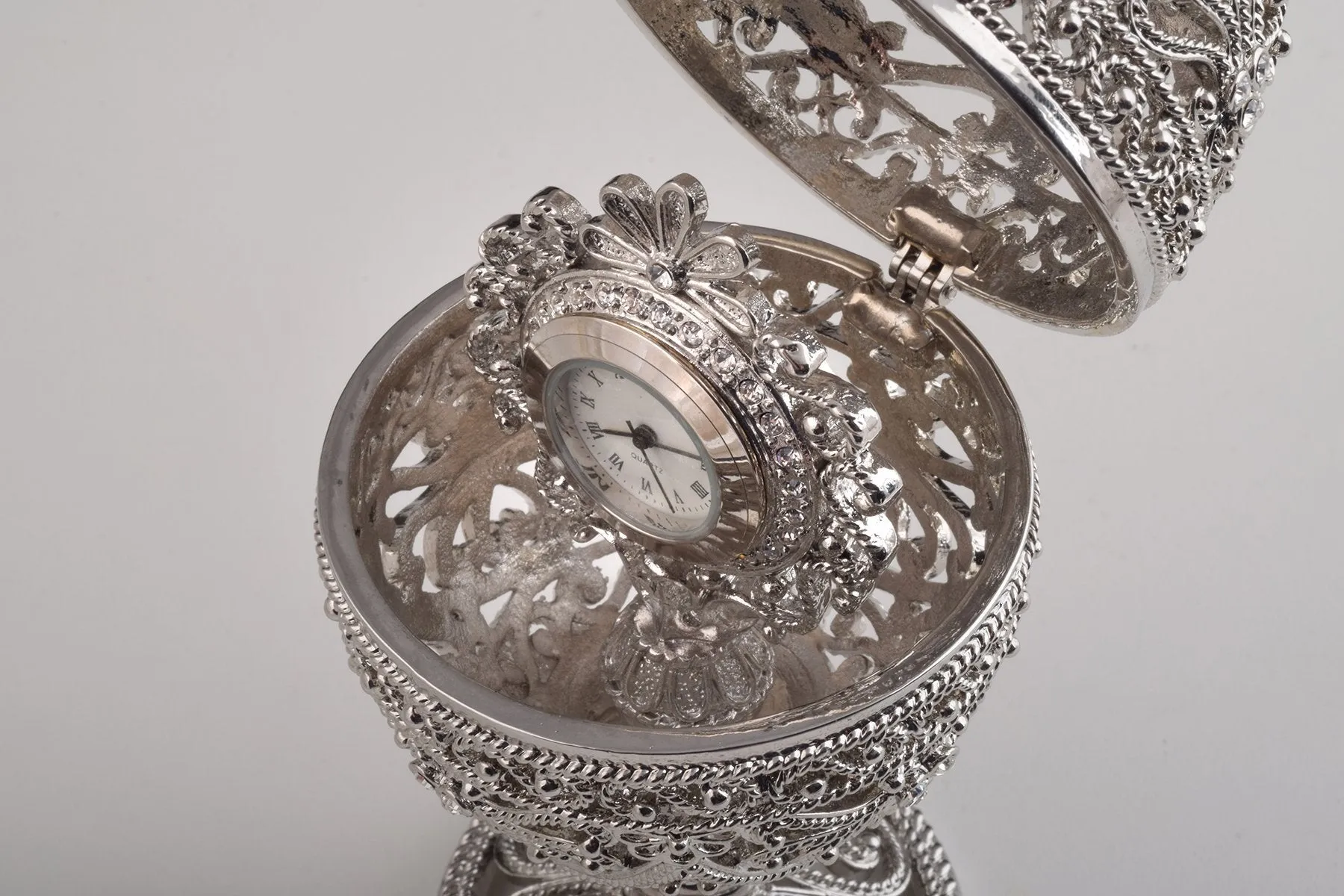 Silver Faberge Egg with Clock Inside