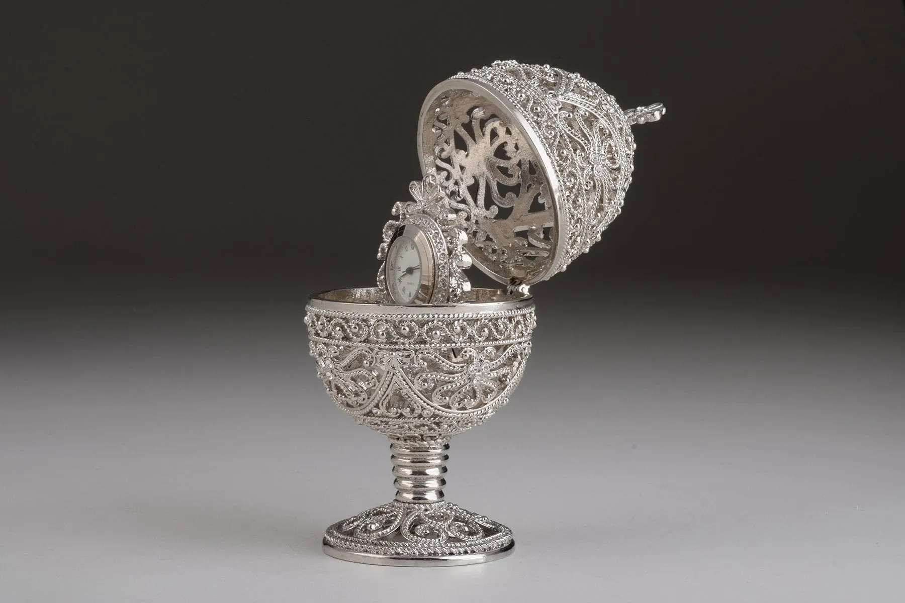 Silver Faberge Egg with Clock Inside