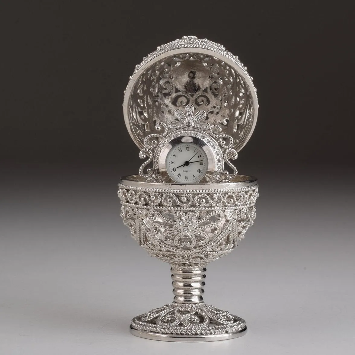 Silver Faberge Egg with Clock Inside