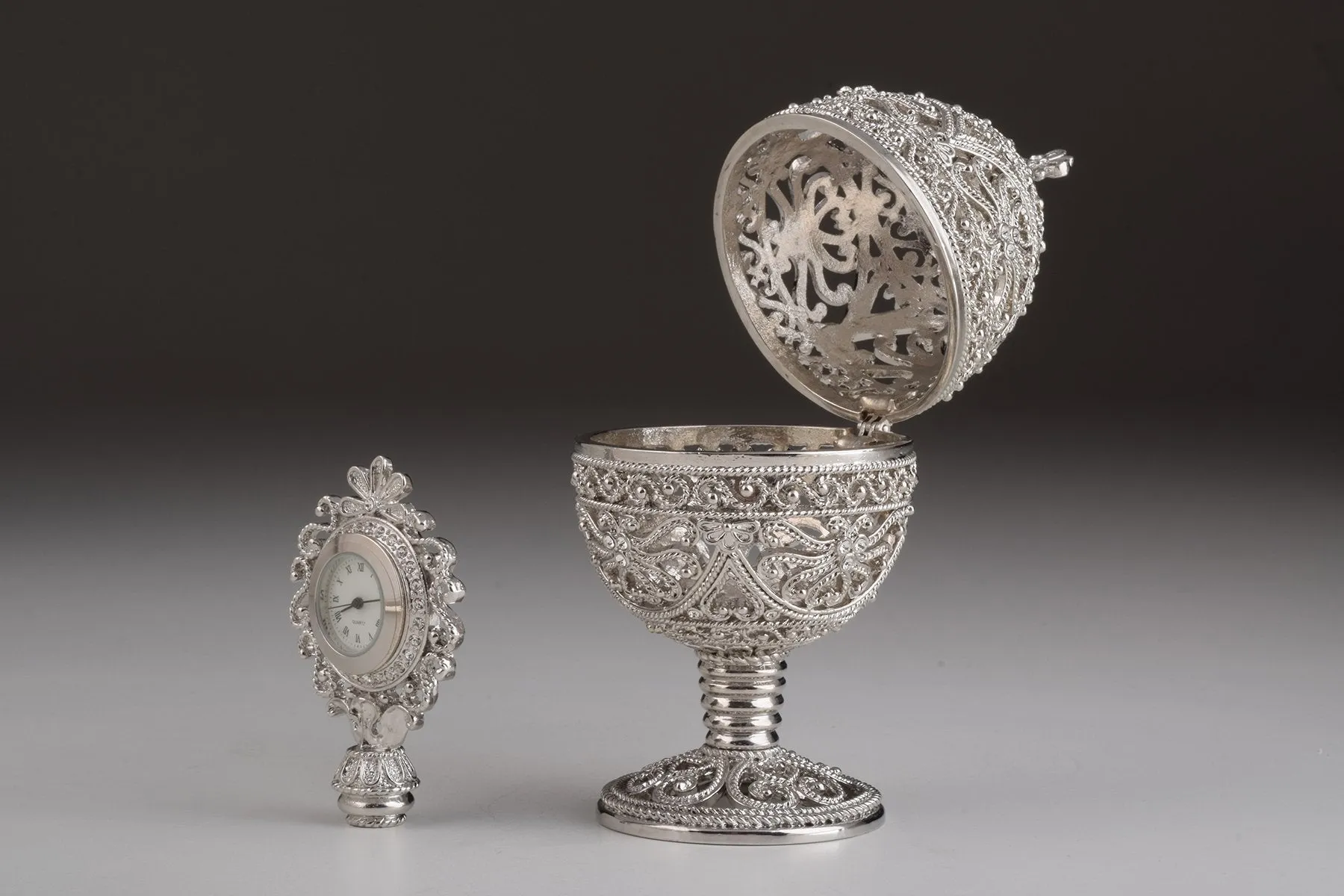 Silver Faberge Egg with Clock Inside