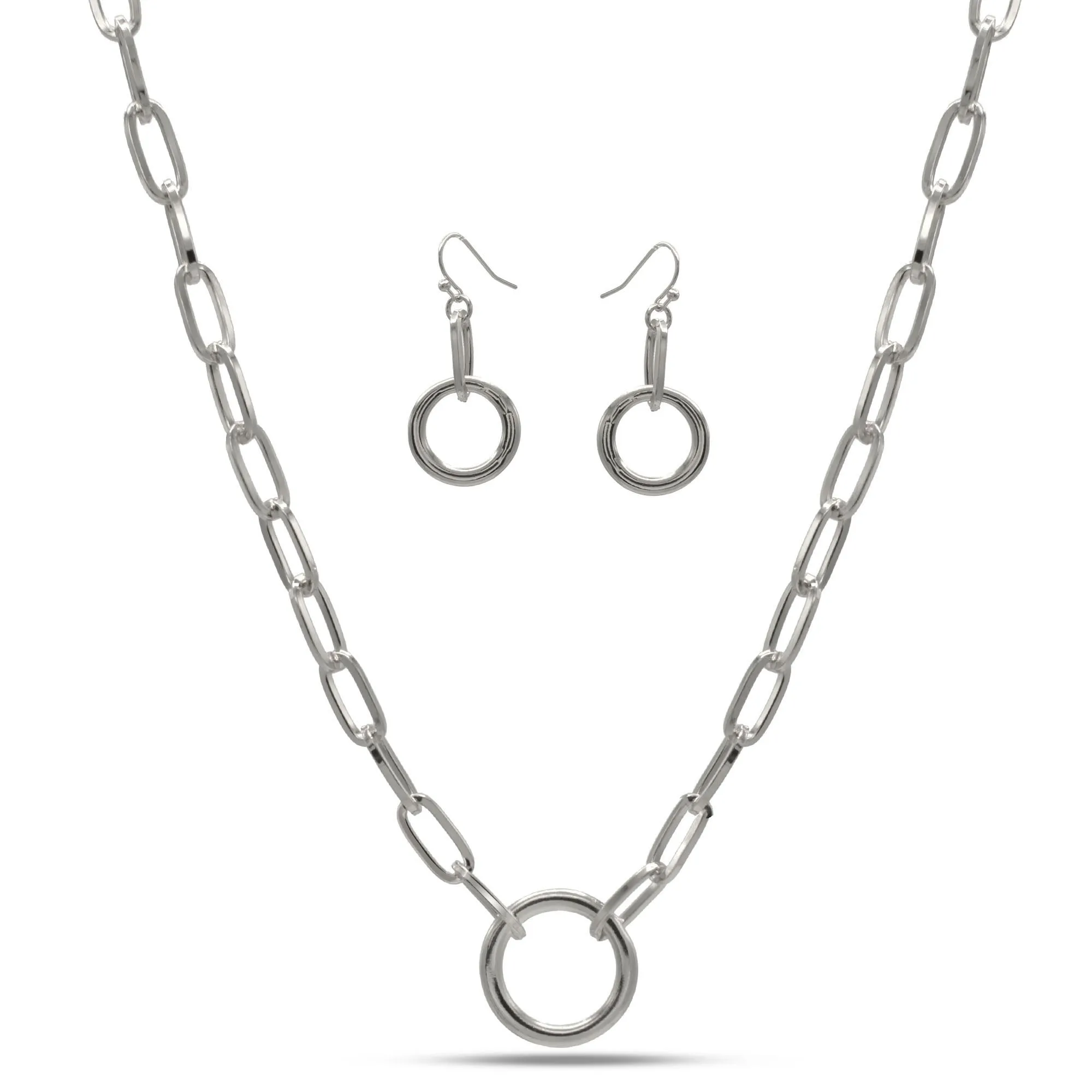 SILVER RECTANGLE LINK CHAIN AND ROUND PENDANT NECKLACE AND EARRINGS SET #HNN E90841SL(SF11)