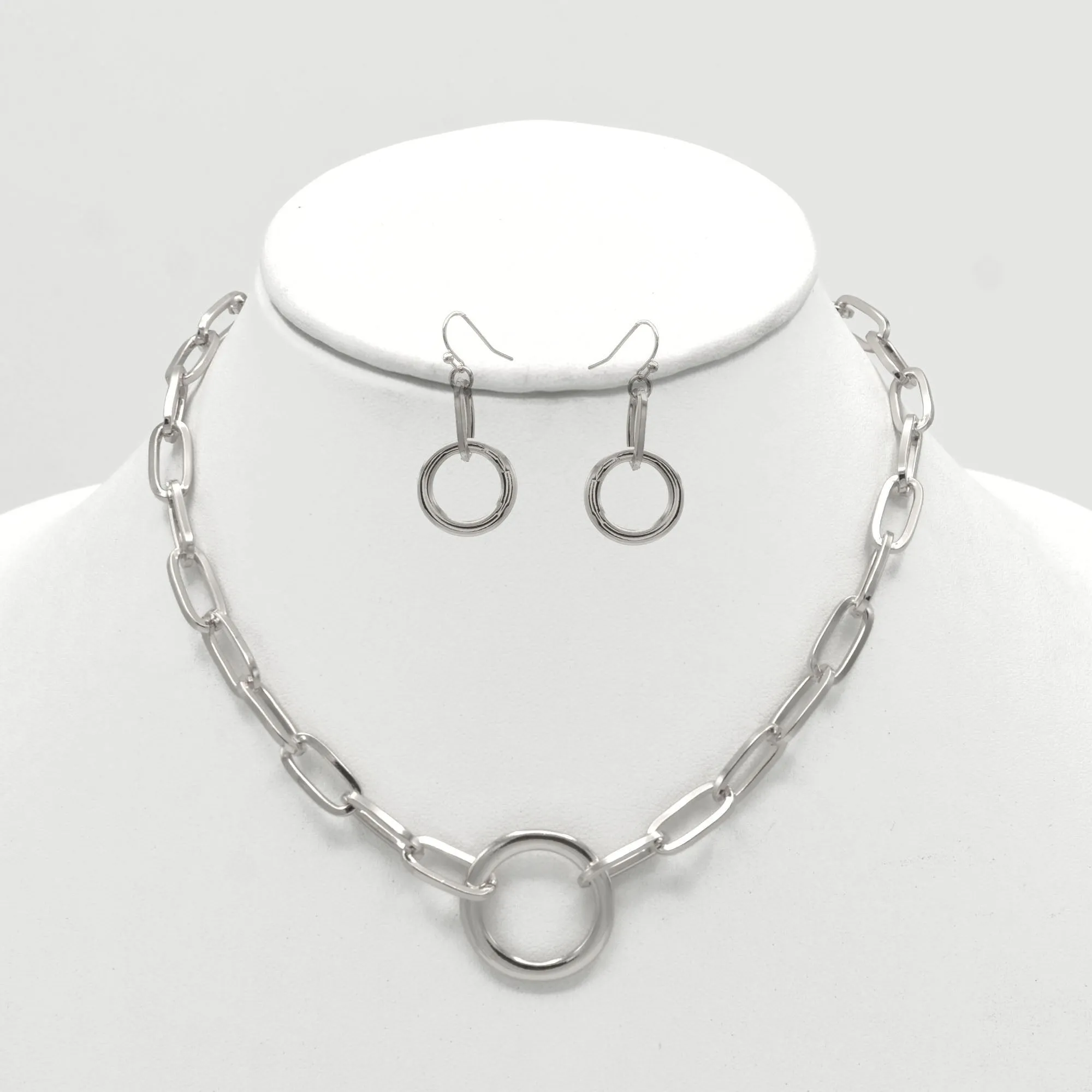 SILVER RECTANGLE LINK CHAIN AND ROUND PENDANT NECKLACE AND EARRINGS SET #HNN E90841SL(SF11)