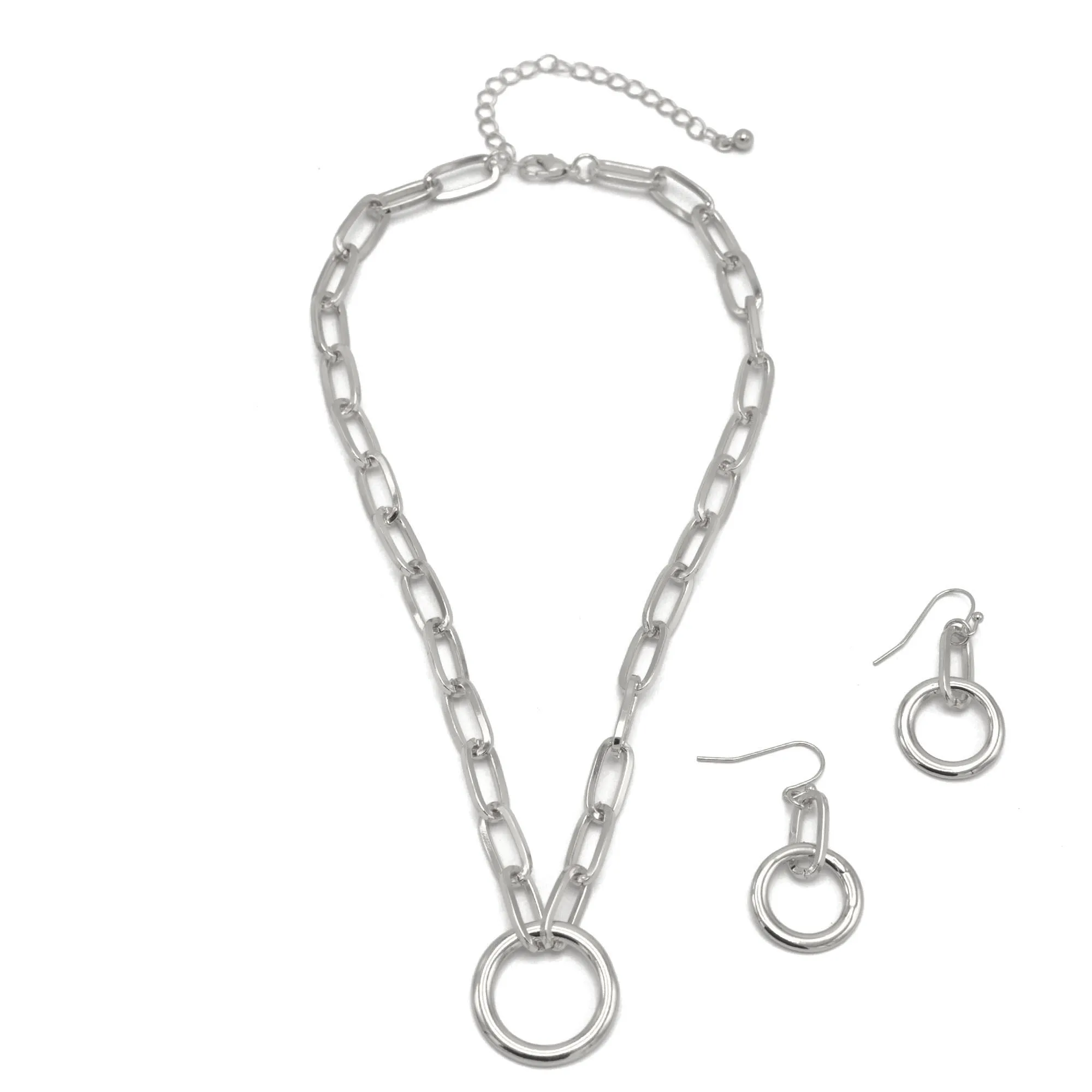 SILVER RECTANGLE LINK CHAIN AND ROUND PENDANT NECKLACE AND EARRINGS SET #HNN E90841SL(SF11)