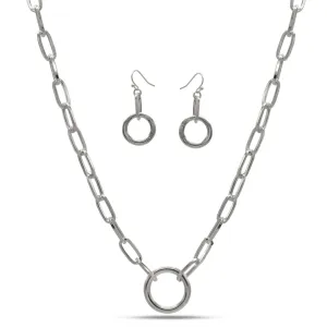 SILVER RECTANGLE LINK CHAIN AND ROUND PENDANT NECKLACE AND EARRINGS SET #HNN E90841SL(SF11)