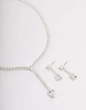 Silver Statement Y-Necklace & Earrings Set