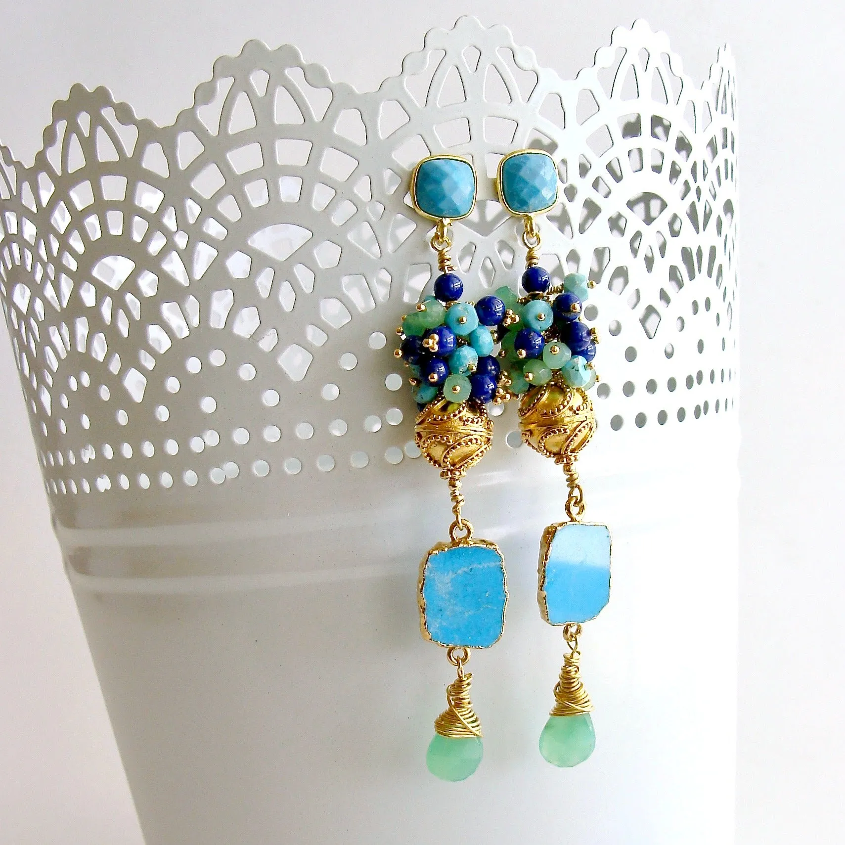 Sleeping Beauty Turquoise Chrysoprase Lapis Cluster Earrings - Morgaine Duster  Earrings