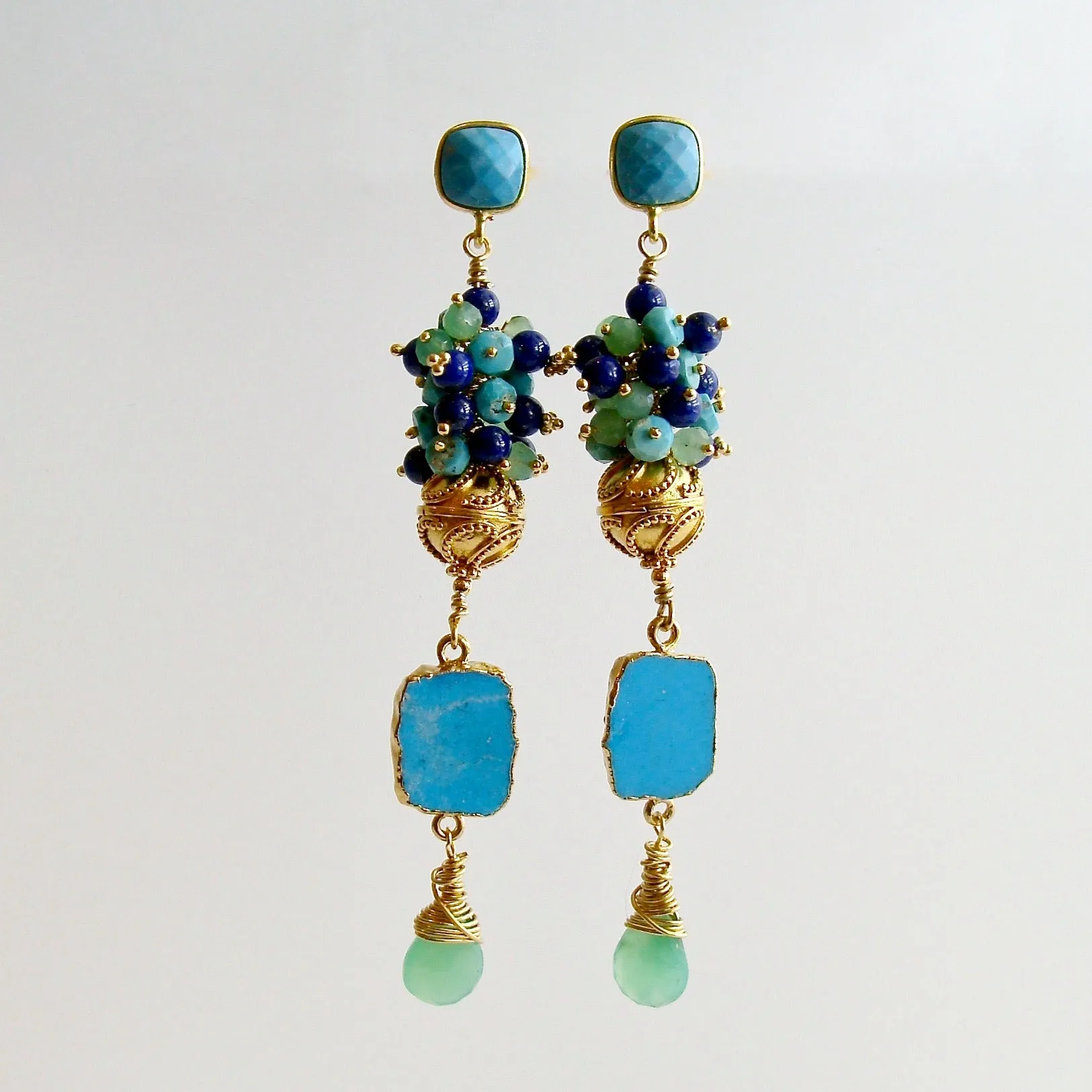 Sleeping Beauty Turquoise Chrysoprase Lapis Cluster Earrings - Morgaine II Duster Earrings