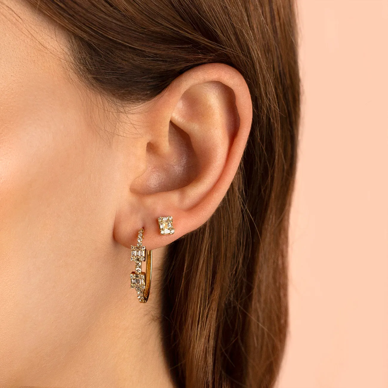 Small Emerald Diamond Illusion Stud Earring 14K