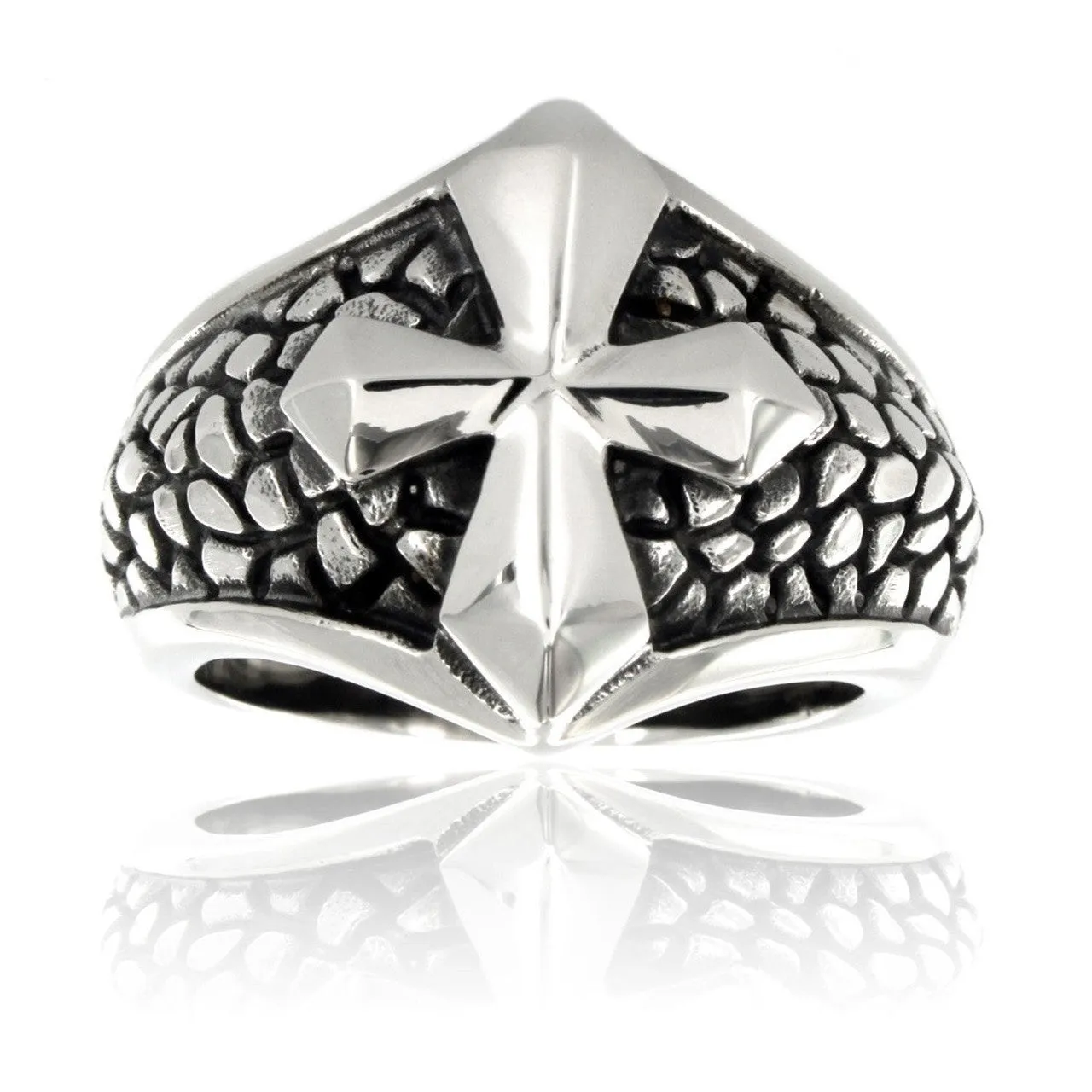 Stainless Steel Ring With Smooth Cross Over a Band of Steel Leather (#396)
