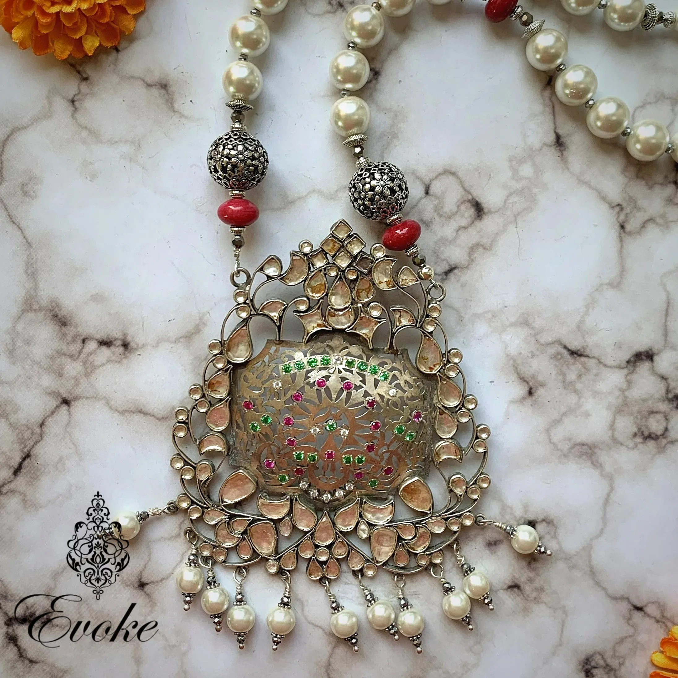 Statement Kundan Pendant with Shell Pearls
