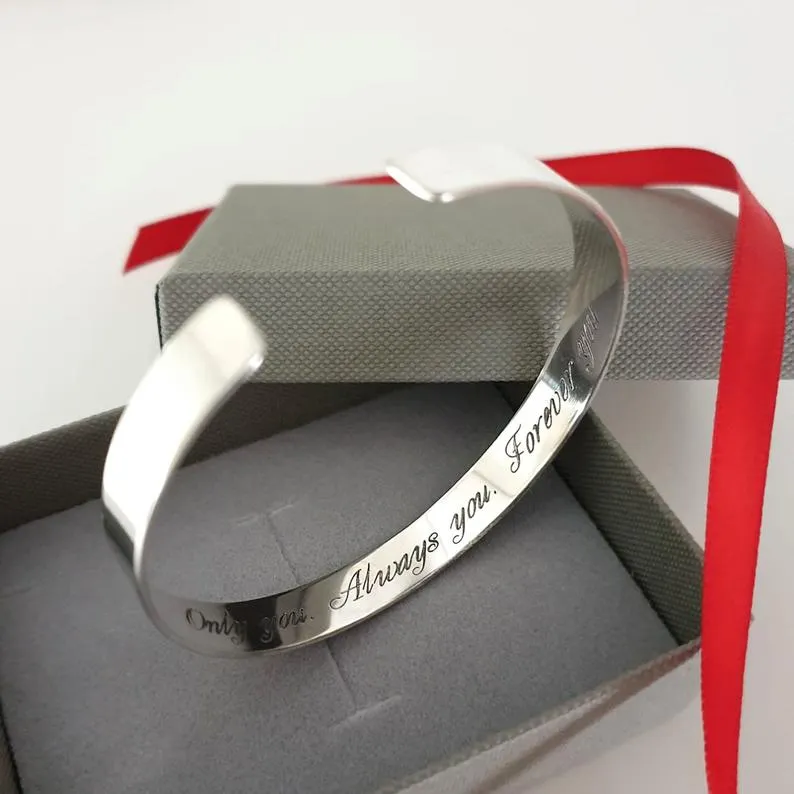 Sterling Silver Engraved Bracelet for women Personalized bangle cuff Anniversary Gift