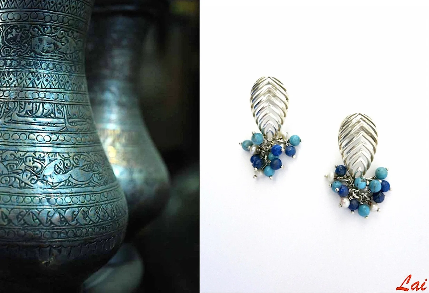 Striking, cut-work earrings with lapis, turquoise and pearls cluster