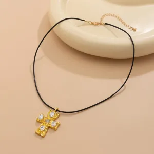 Stylish Rhinestone Inlaid Cross Pendant Wax Cord Necklace