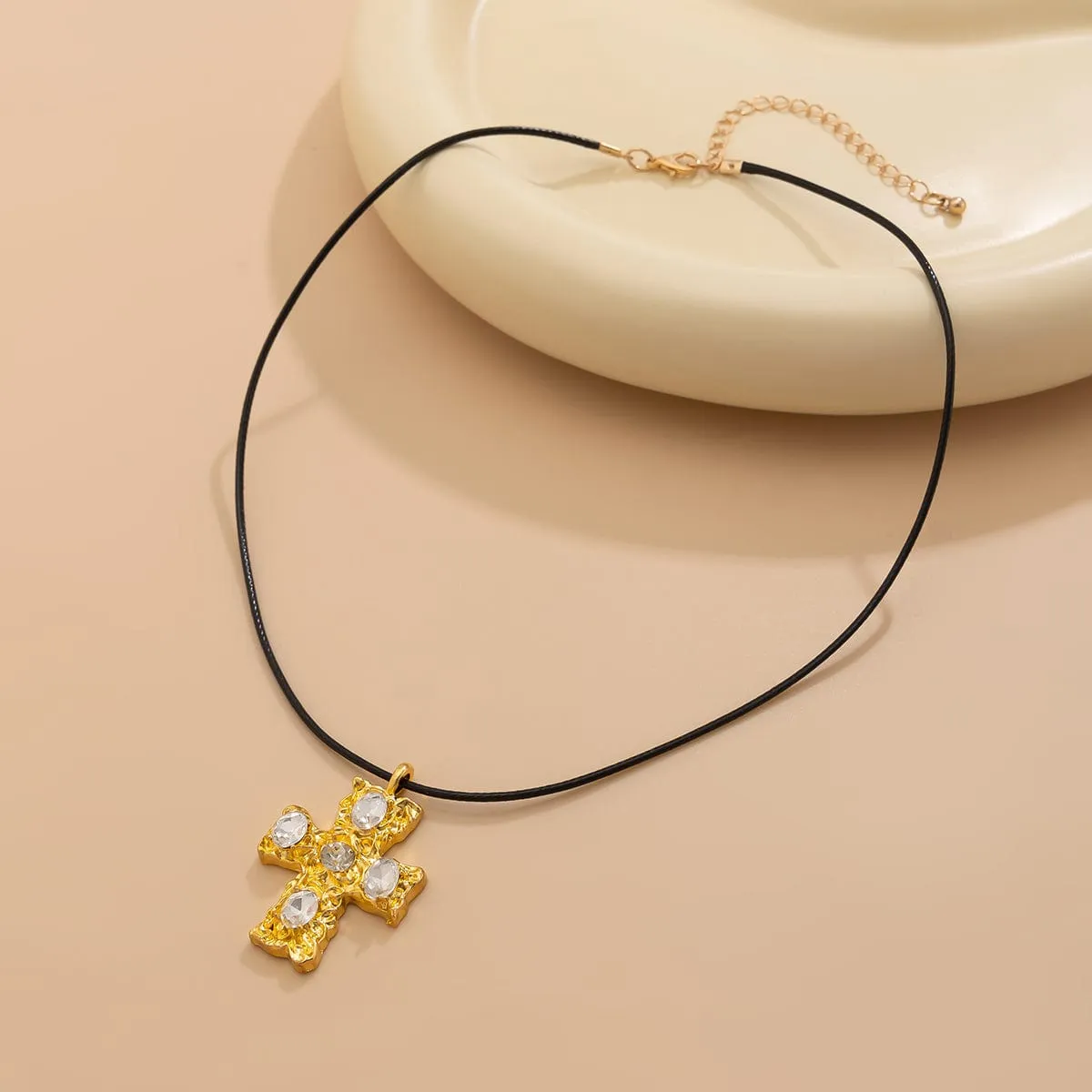 Stylish Rhinestone Inlaid Cross Pendant Wax Cord Necklace