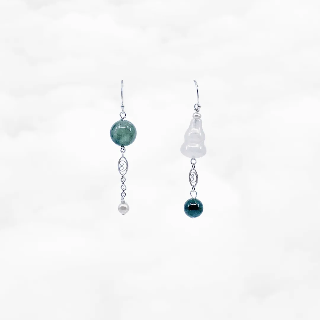 The Nine Green Phantom and Jade Asymmetry Earrings