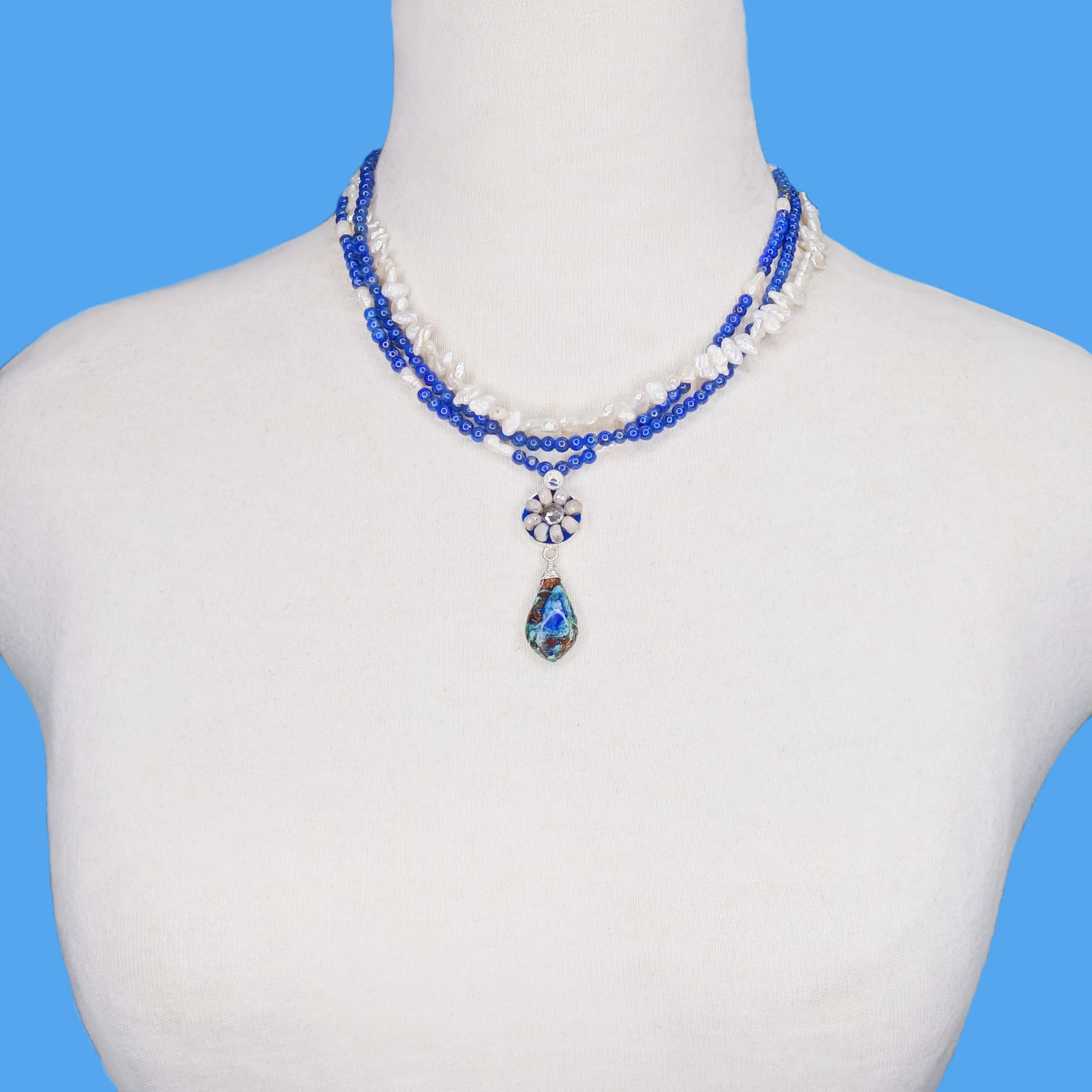 The Waves Curled Over Her Toes: white sapphire, lapis, pearl mosaic