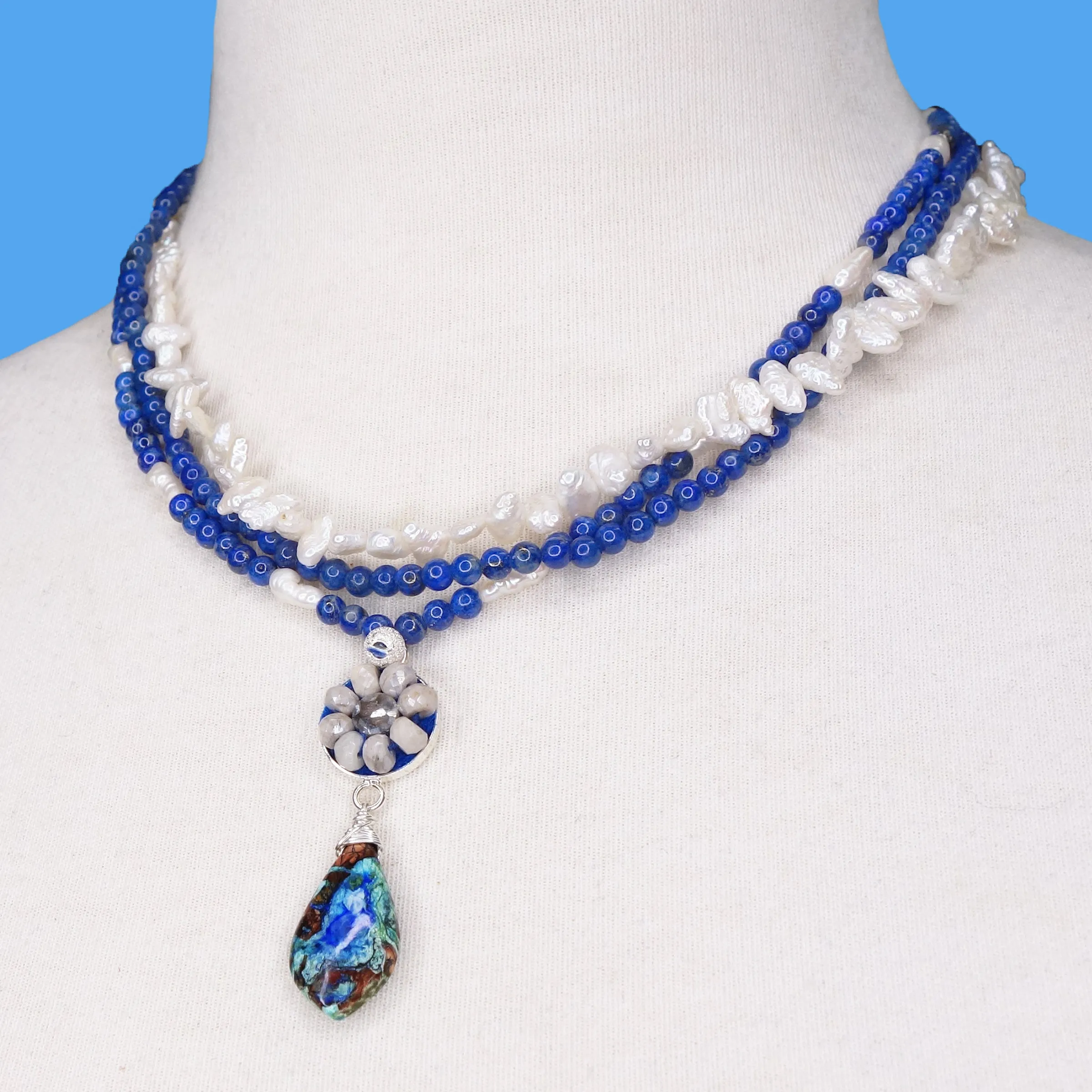 The Waves Curled Over Her Toes: white sapphire, lapis, pearl mosaic