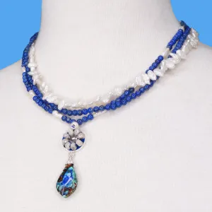 The Waves Curled Over Her Toes: white sapphire, lapis, pearl mosaic