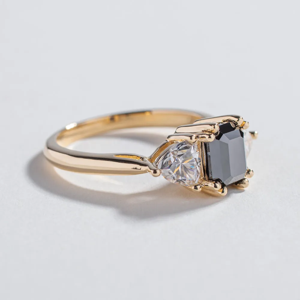 THREE STONE ENCHANTMENT ENGAGEMENT RING | 14K GOLD | BLACK DIAMOND & MOISSANITE