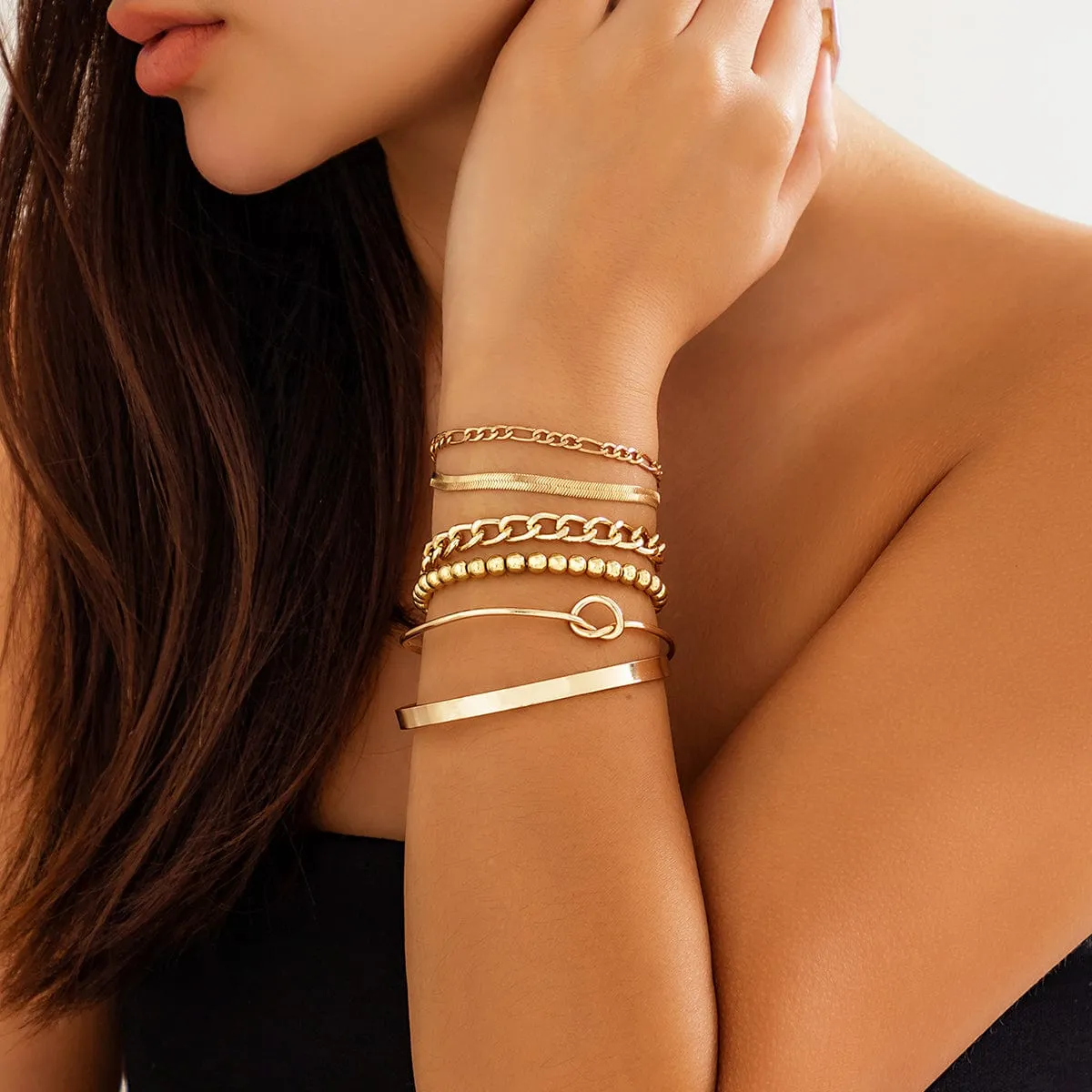 Trendy 6pcs Gold Plated Knotted Cable Chain Bangle Bracelet Set