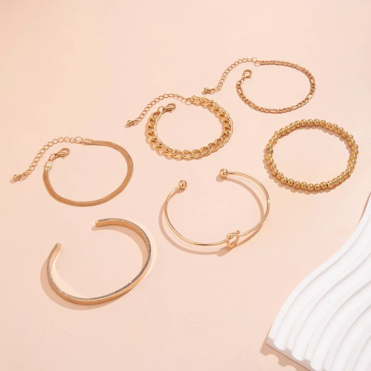 Trendy 6pcs Gold Plated Knotted Cable Chain Bangle Bracelet Set