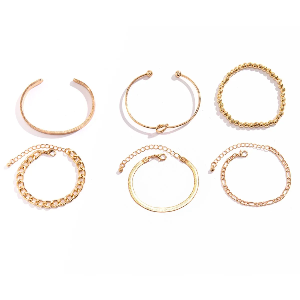 Trendy 6pcs Gold Plated Knotted Cable Chain Bangle Bracelet Set