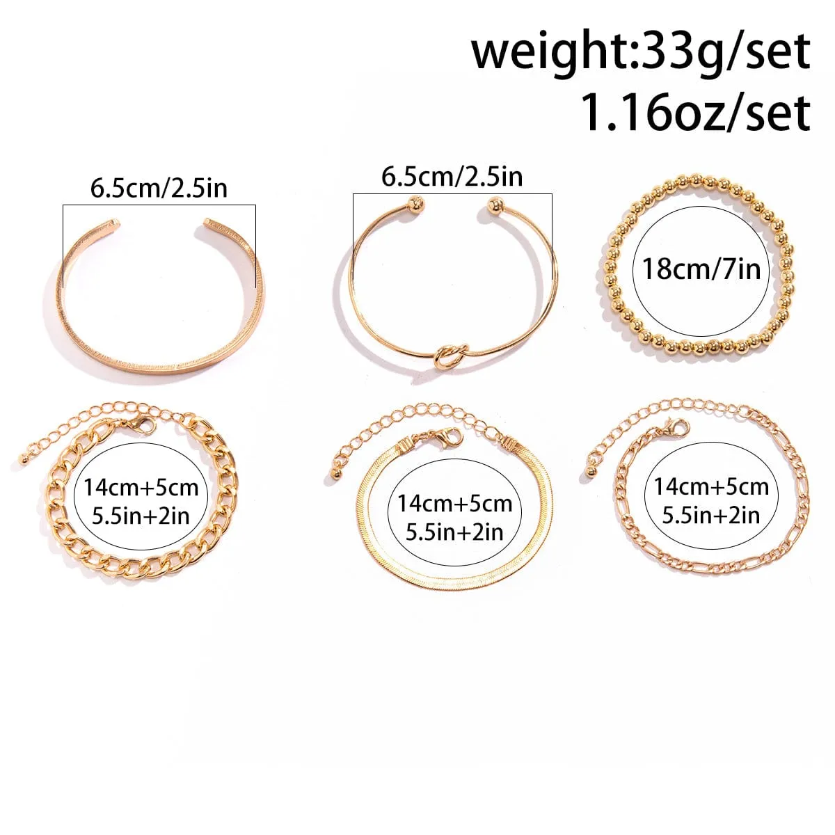Trendy 6pcs Gold Plated Knotted Cable Chain Bangle Bracelet Set