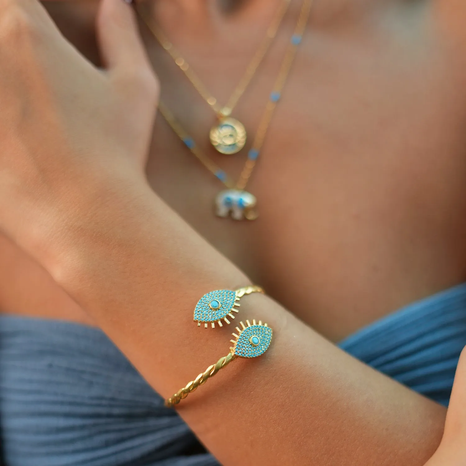 Turquoise Evil Eye Twisted Gold Design Cuff Bracelet