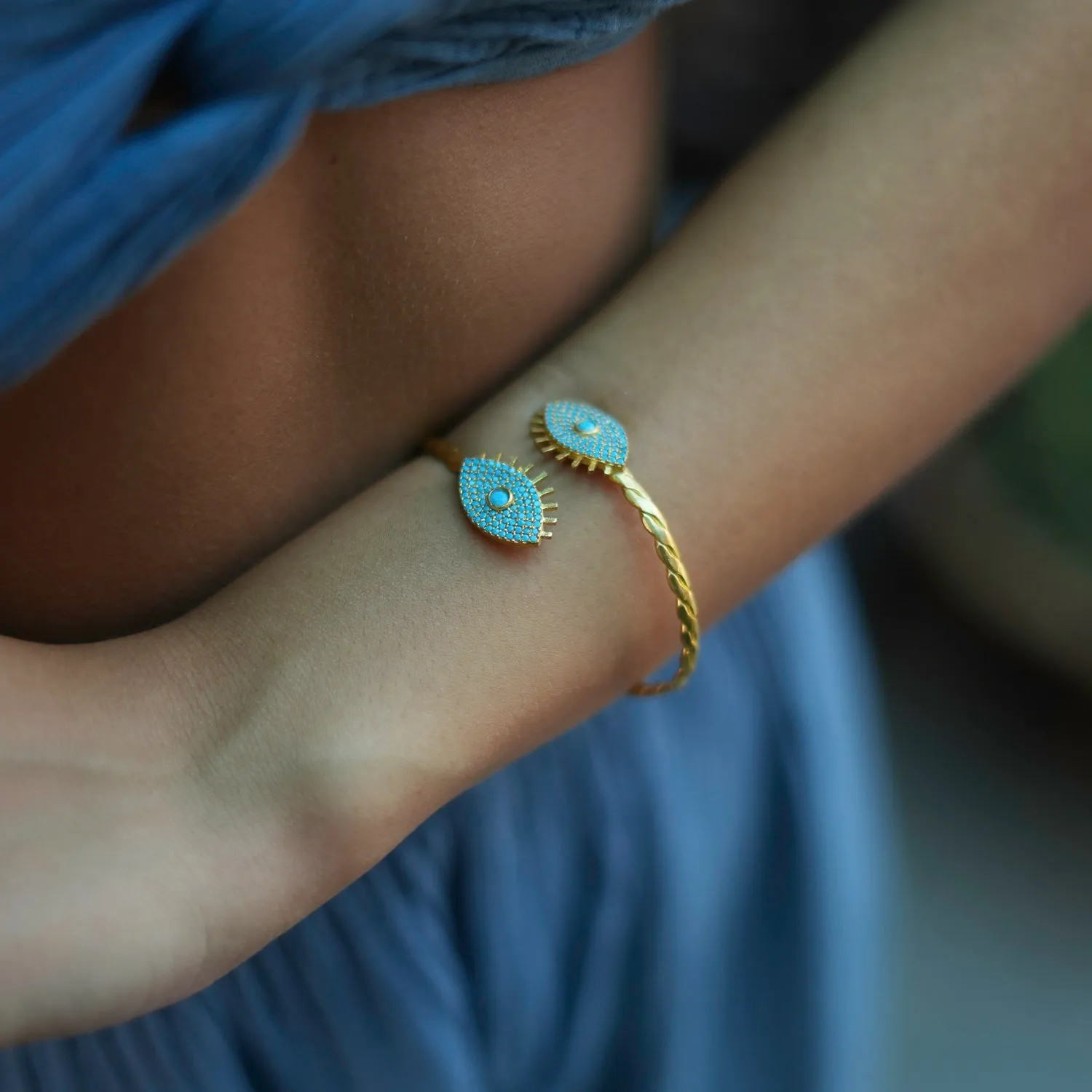 Turquoise Evil Eye Twisted Gold Design Cuff Bracelet