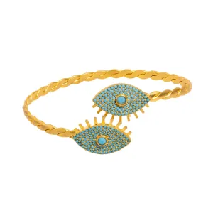 Turquoise Evil Eye Twisted Gold Design Cuff Bracelet