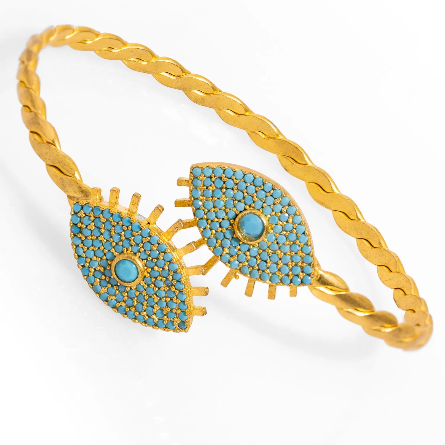 Turquoise Evil Eye Twisted Gold Design Cuff Bracelet