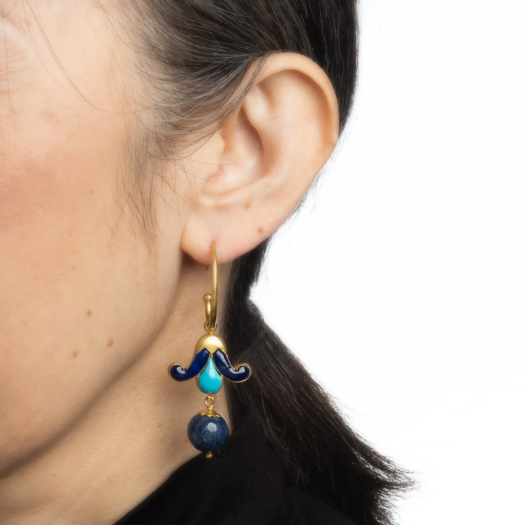 Turquoise Lapis Lazuli Earrings Vintage 18k Yellow Gold Long 2.25" Drops Jewelry
