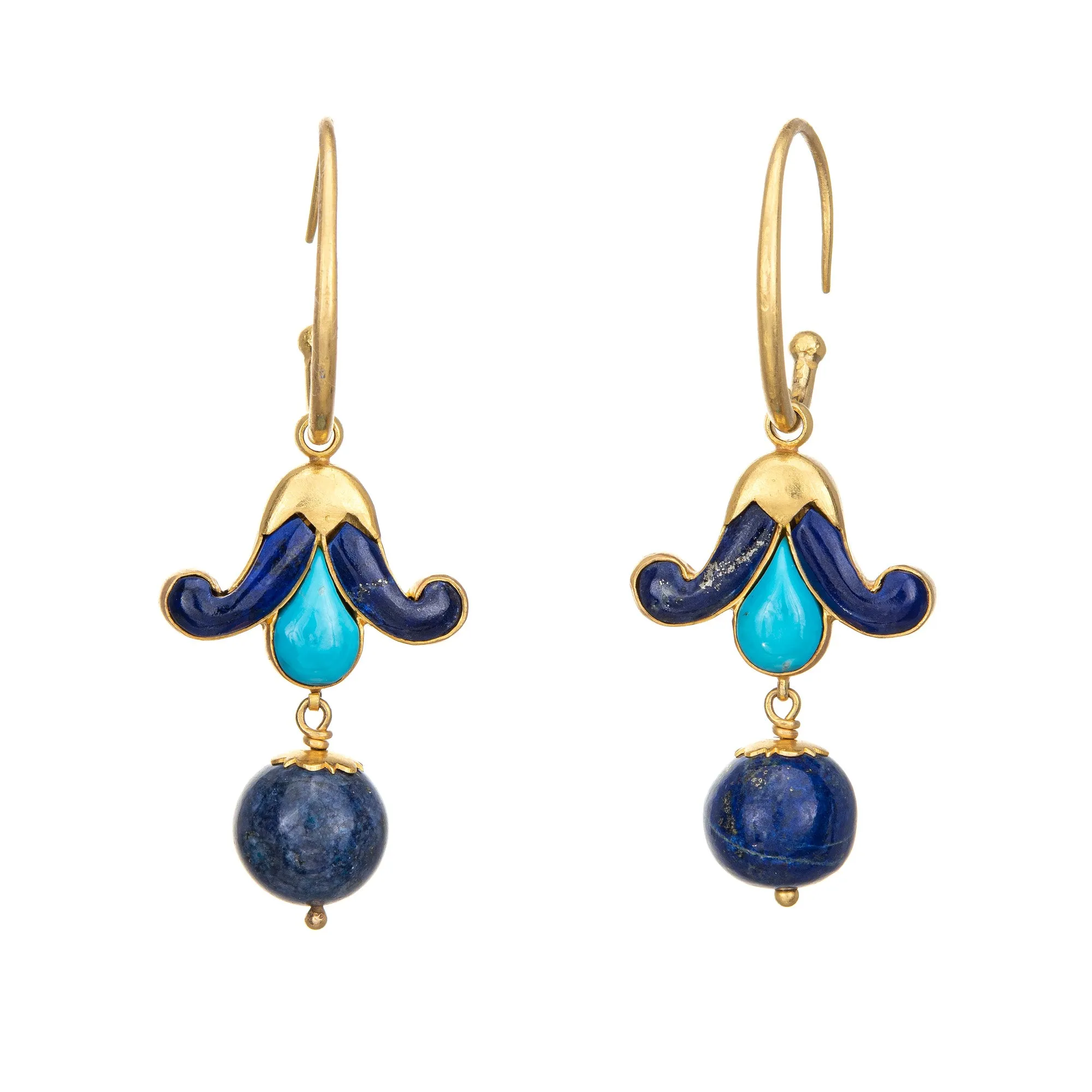 Turquoise Lapis Lazuli Earrings Vintage 18k Yellow Gold Long 2.25" Drops Jewelry