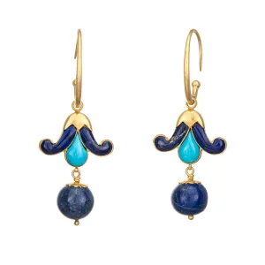Turquoise Lapis Lazuli Earrings Vintage 18k Yellow Gold Long 2.25" Drops Jewelry
