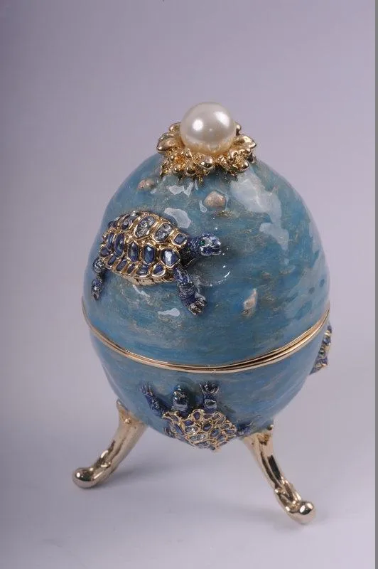 Turtles Faberge Egg Trinket Box with a Surprise Turtle Pendant