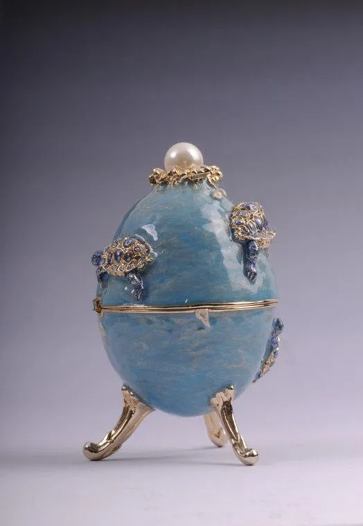 Turtles Faberge Egg Trinket Box with a Surprise Turtle Pendant