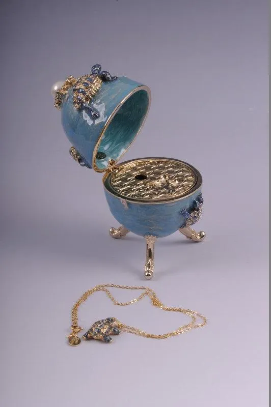 Turtles Faberge Egg Trinket Box with a Surprise Turtle Pendant