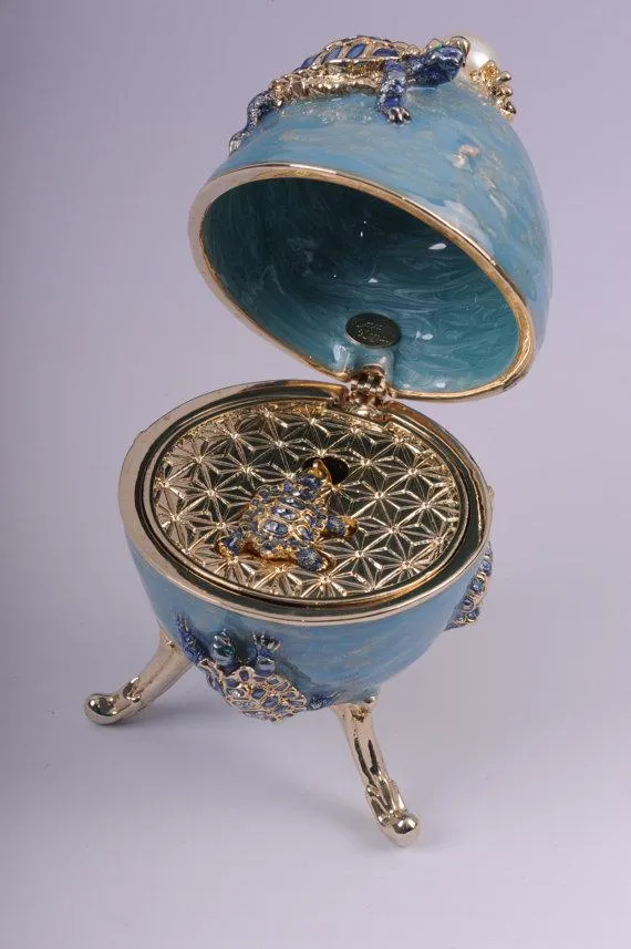 Turtles Faberge Egg Trinket Box with a Surprise Turtle Pendant