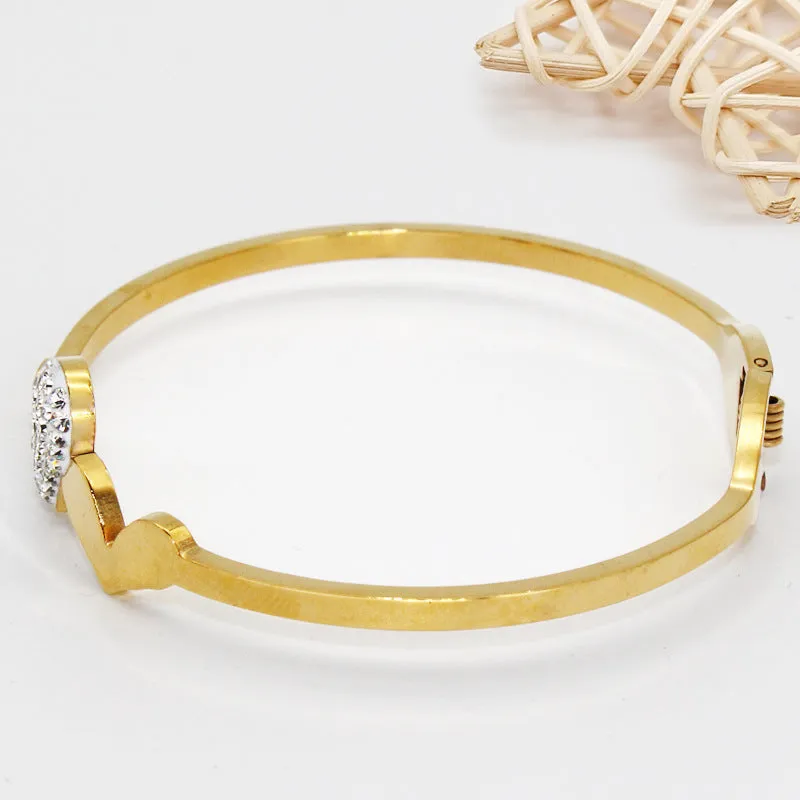 Twin Love Heart Shape Zircon Gold Plating Stainless Steel Ladies Bracelet Bangle