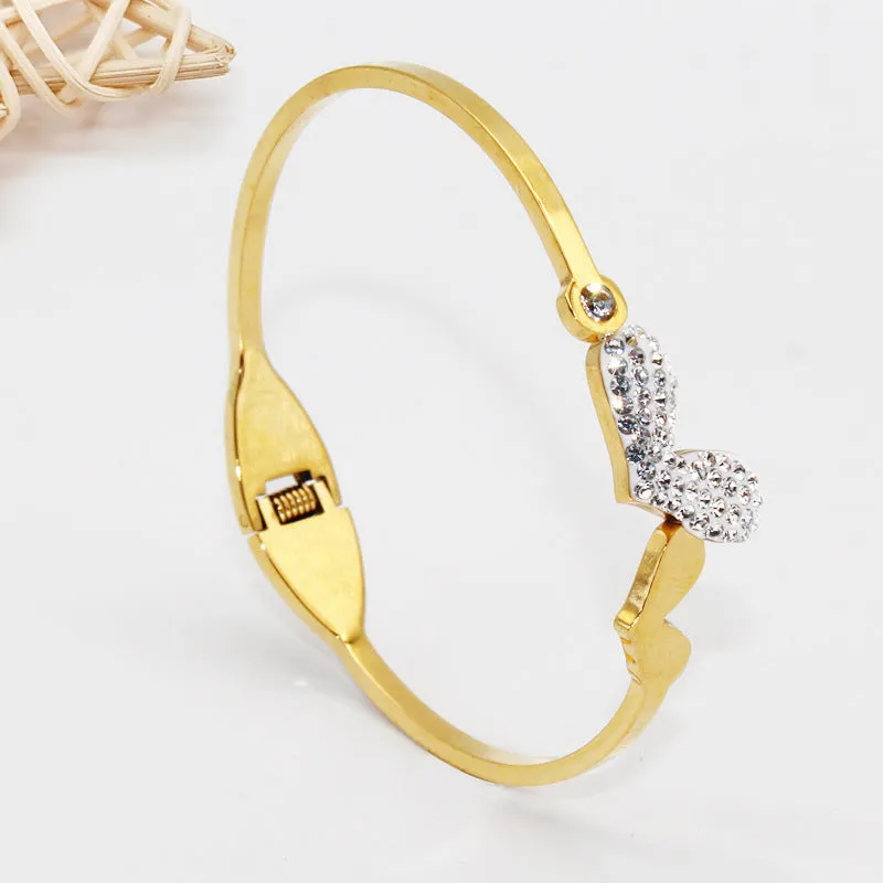 Twin Love Heart Shape Zircon Gold Plating Stainless Steel Ladies Bracelet Bangle