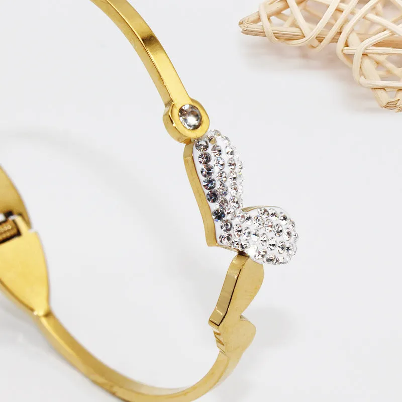 Twin Love Heart Shape Zircon Gold Plating Stainless Steel Ladies Bracelet Bangle