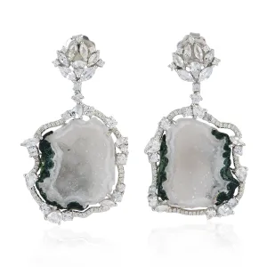 Unshaped Geode Pave Diamond White Sapphire Elegant Earrings In 18K White Gold