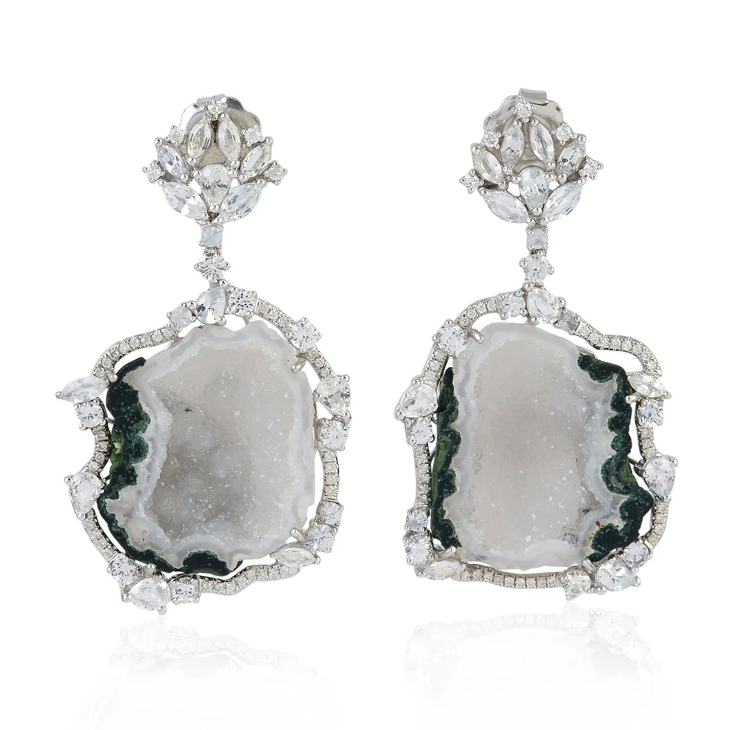 Unshaped Geode Pave Diamond White Sapphire Elegant Earrings In 18K White Gold