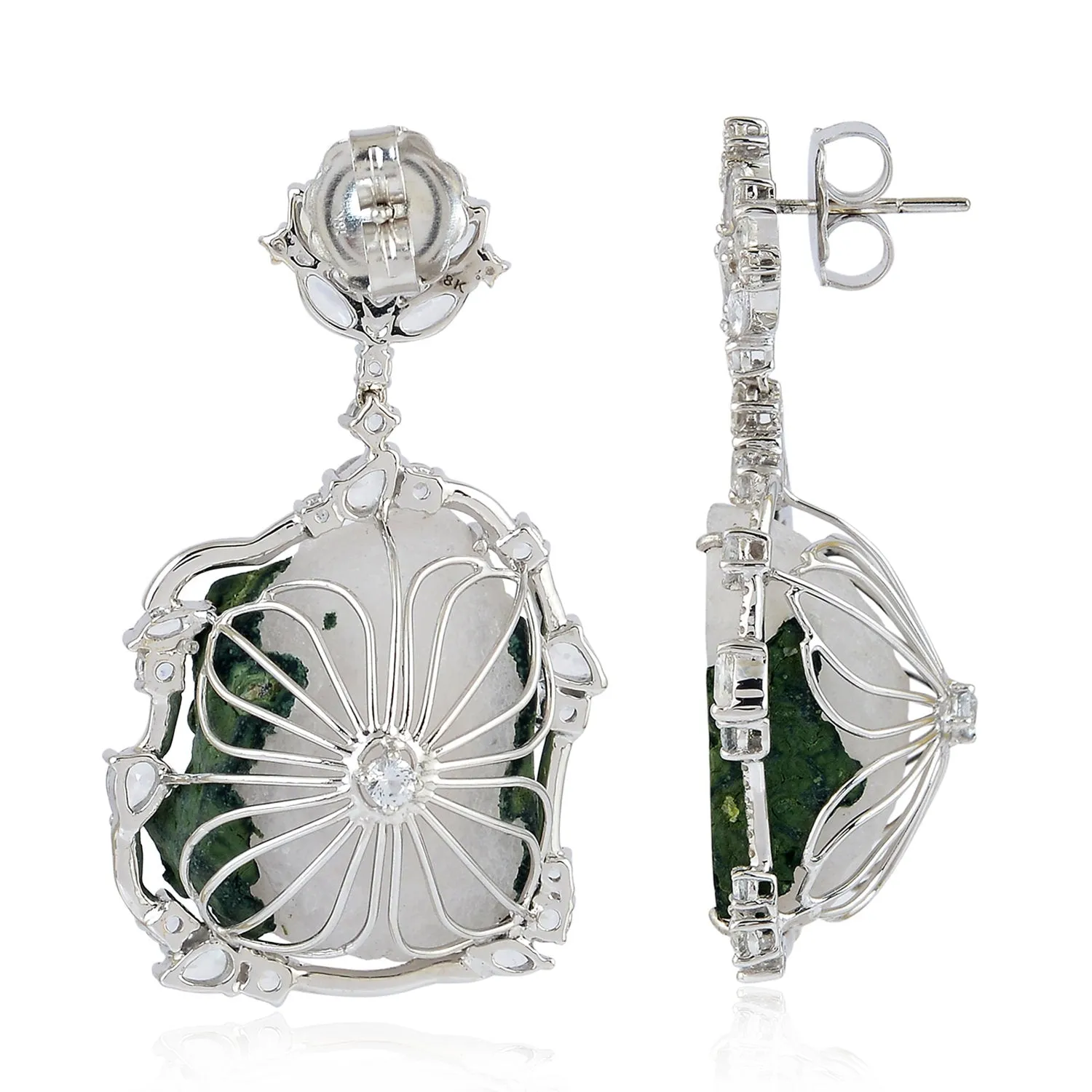 Unshaped Geode Pave Diamond White Sapphire Elegant Earrings In 18K White Gold